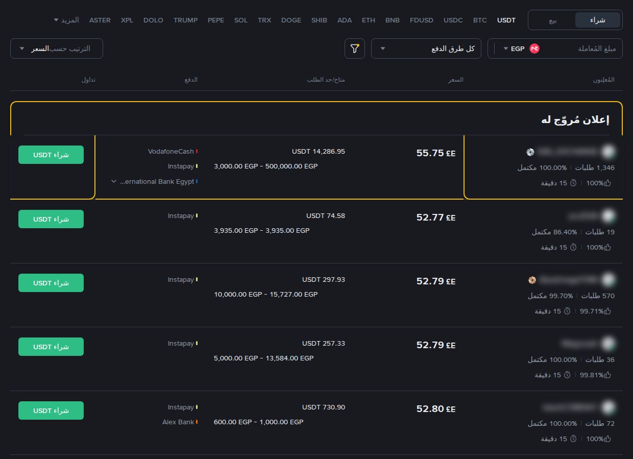 P2P بينانس مع اختيار USDT والجنيه المصري