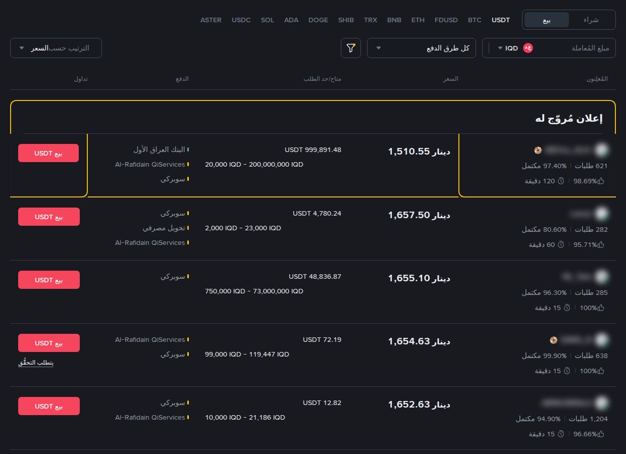 P2P بيع USDT بالدينار العراقي