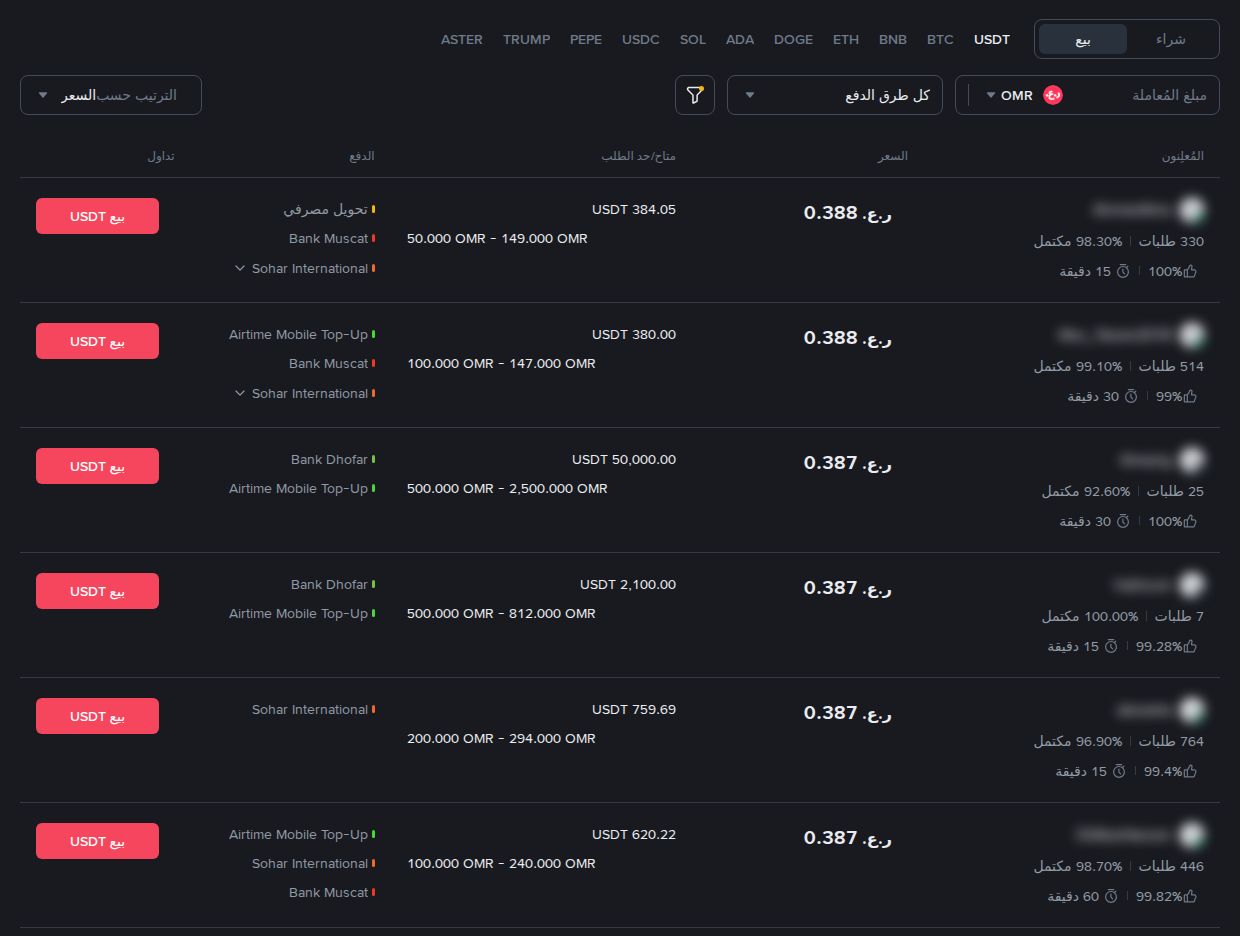 P2P بيع USDT بالريال العماني