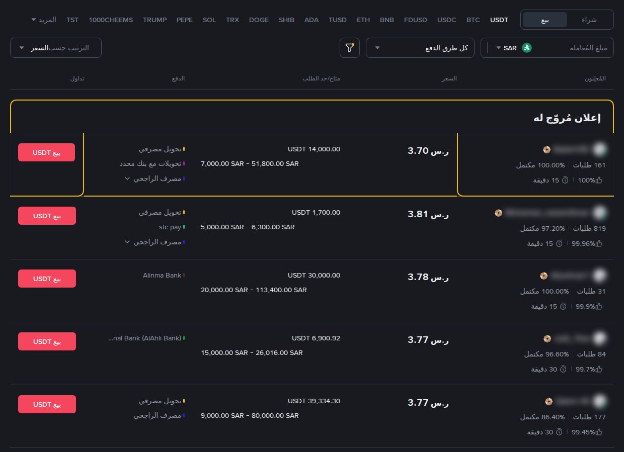 P2P بيع USDT بالريال السعودي