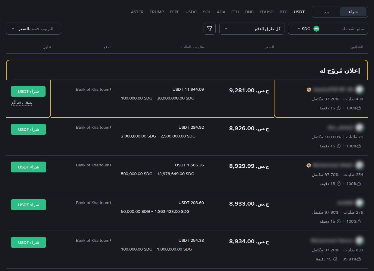 P2P بينانس بالجنيه السوداني
