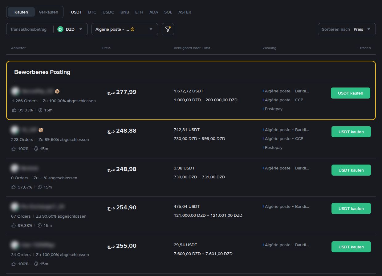 Binance P2P in algerischen Dinar mit dem Filter BaridiMob