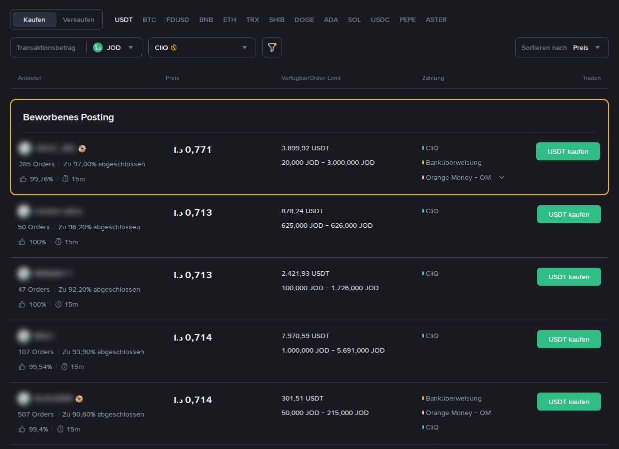 Binance P2P in jordanischen Dinar mit dem Filter CliQ