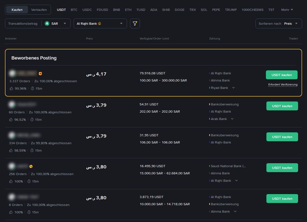 Binance P2P in Saudi-Riyal mit dem Filter Al Rajhi