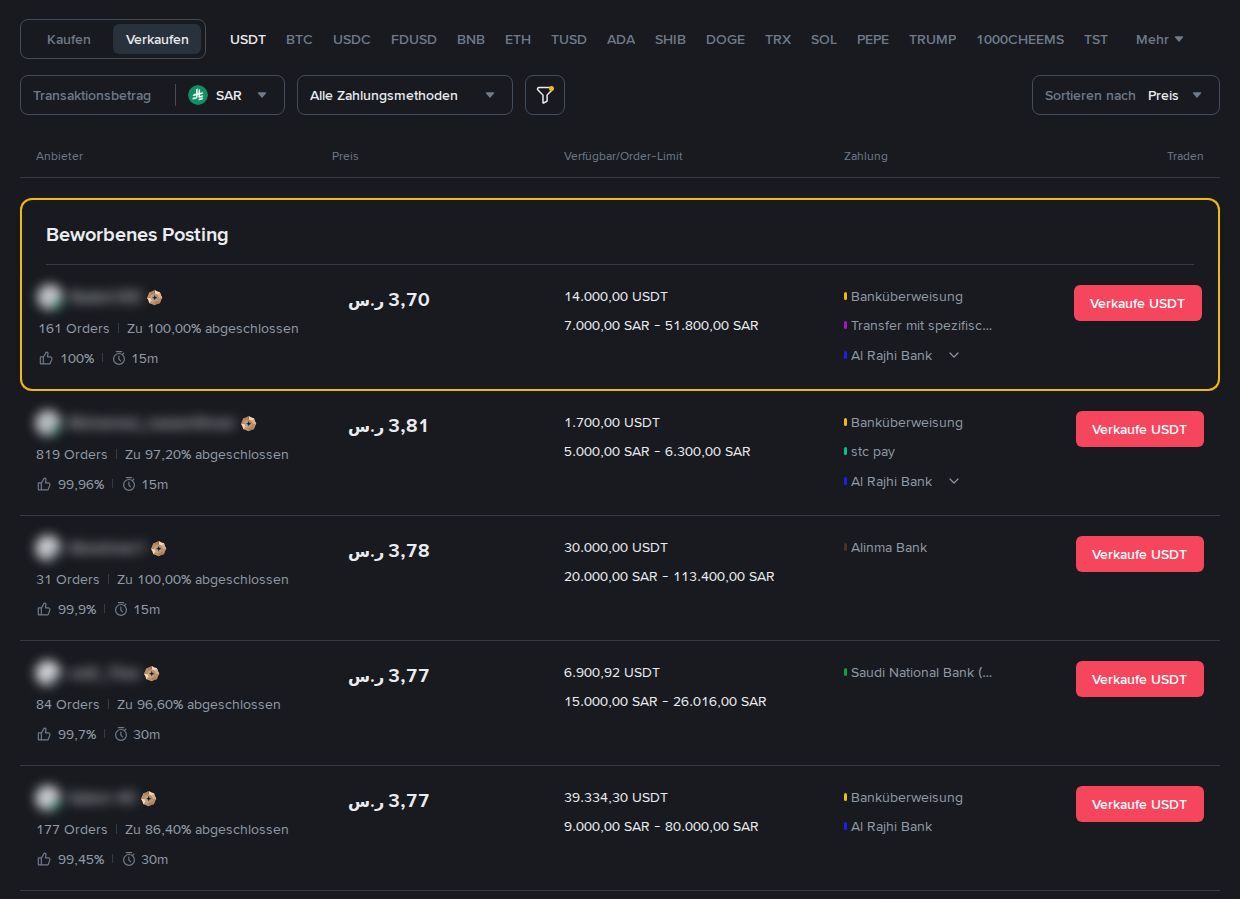 Binance P2P, USDT gegen Saudi-Riyal verkaufen