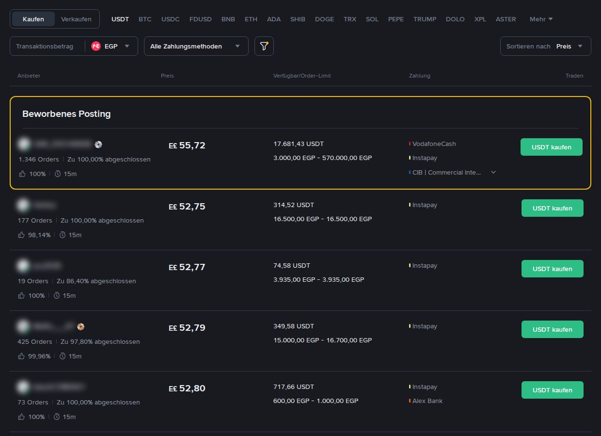 P2P-Bildschirm bei Binance zum Kauf von USDT