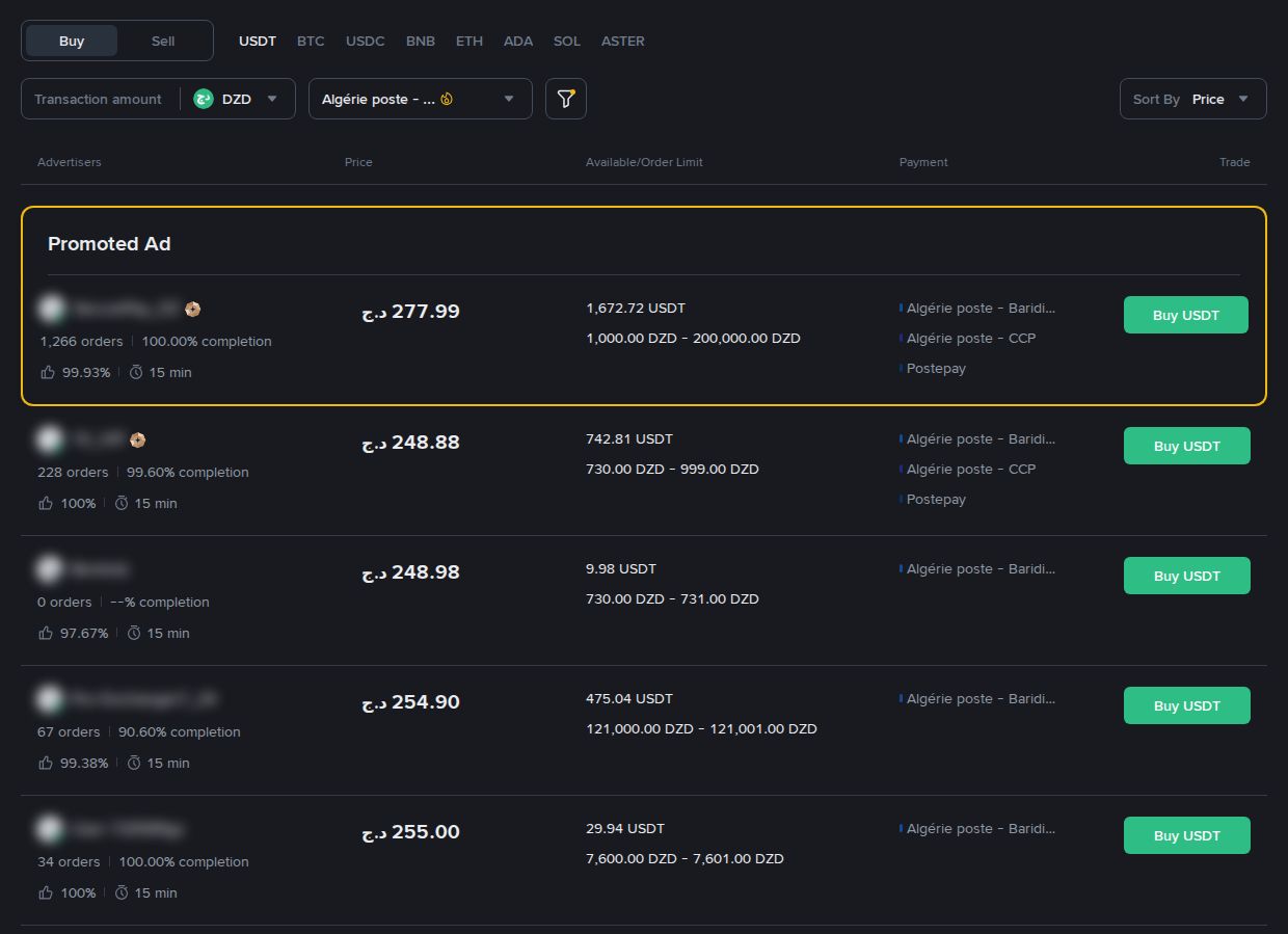 Binance P2P in Algerian dinar with the BaridiMob filter