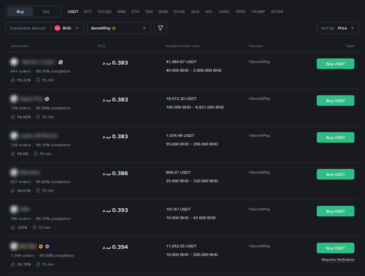 Binance P2P in Bahraini dinar with BenefitPay