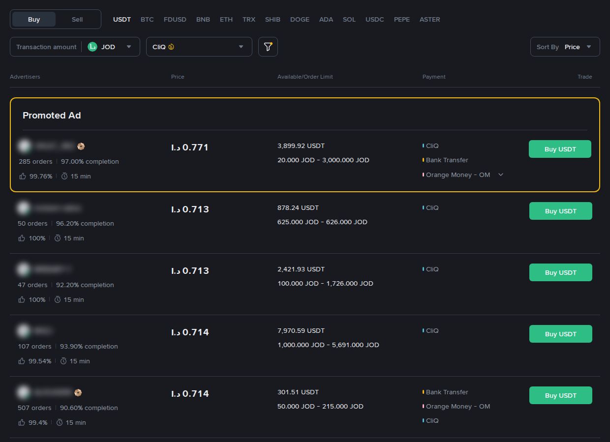 Binance P2P in Jordanian dinar with the CliQ filter