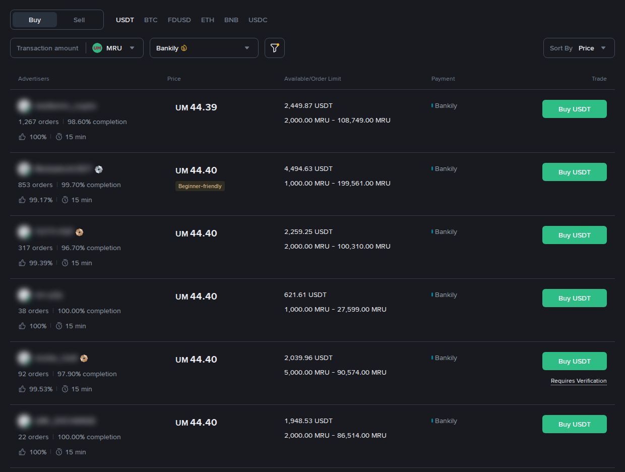 Binance P2P in ouguiya with Bankily
