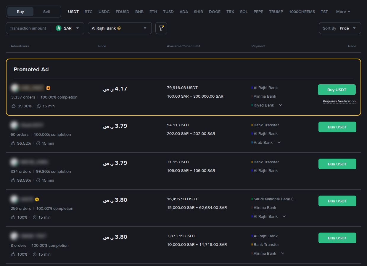 Binance P2P in Saudi riyals with the Al Rajhi filter