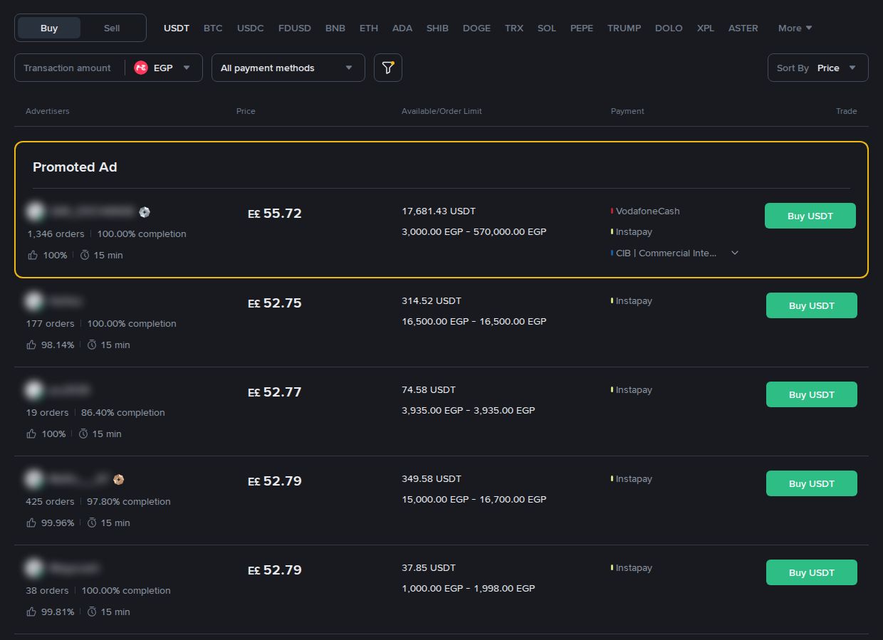 Binance P2P screen for buying USDT